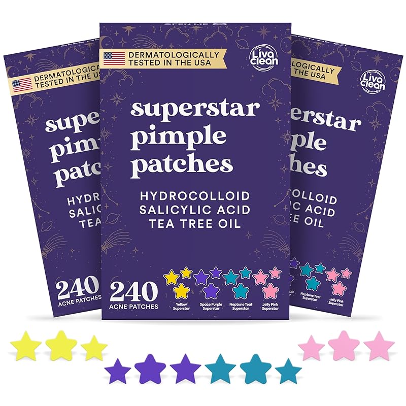 Zermet 1 LivaClean Star Pimple Patches for Face w/Hydrocolloid, Salicylic Acid & Tea Tree, 240 Patches, Hydrocolloid Acne Patch, Cute Star Pimple Patch for Healing Stickers Zit Superstar