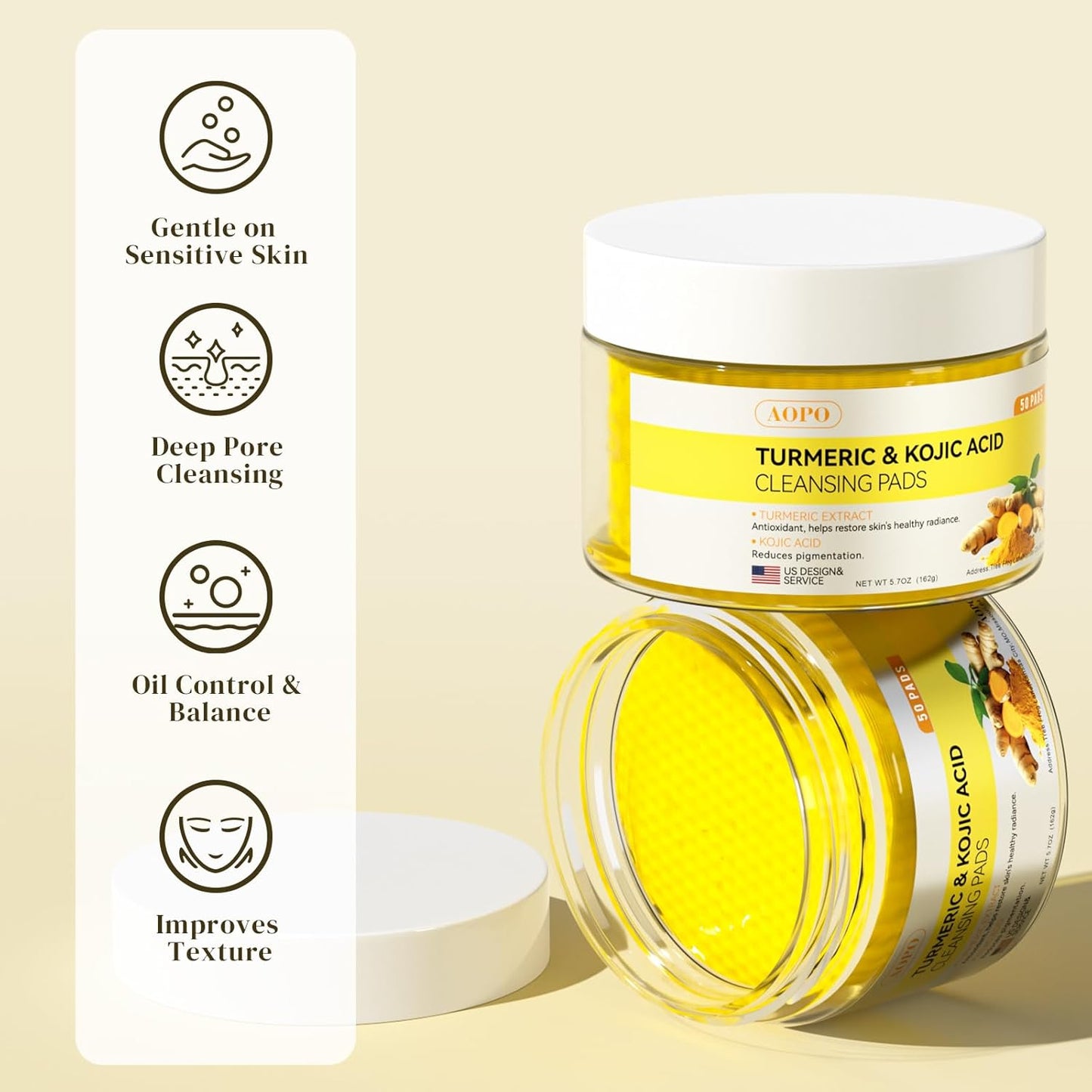 Zermet 1 Kojic Acid and Turmeric Cleansing Pads, 50 Pcs, for Face Cleansing and Exfoliation