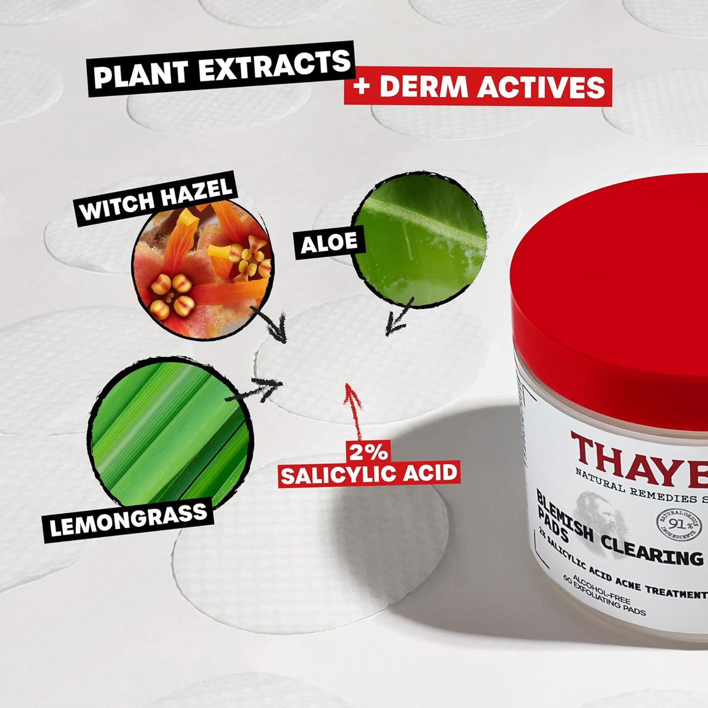 Zermet 1 Thayers Blemish Clearing Acne Pads, Salicylic Acid Acne Treatment for Face, Pore Reducing, Exfoliating, and Soothing Skincare, Witch Hazel Toner Pads, 60 Ct
