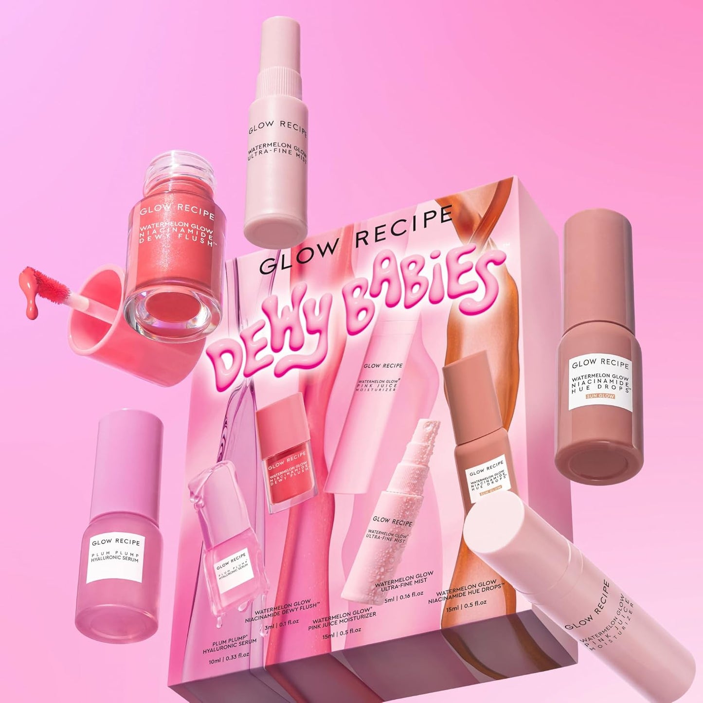 Zermet 1 Glow Recipe Dewy Babies Travel Skincare Set - Plum Plump Hyaluronic Acid Serum + Dewy Flush Tinted Blush Drops + Pink Juice Face Moisturizer + Bronzing Hue Drops + Ultra Fine Facial Mist (5 Count)