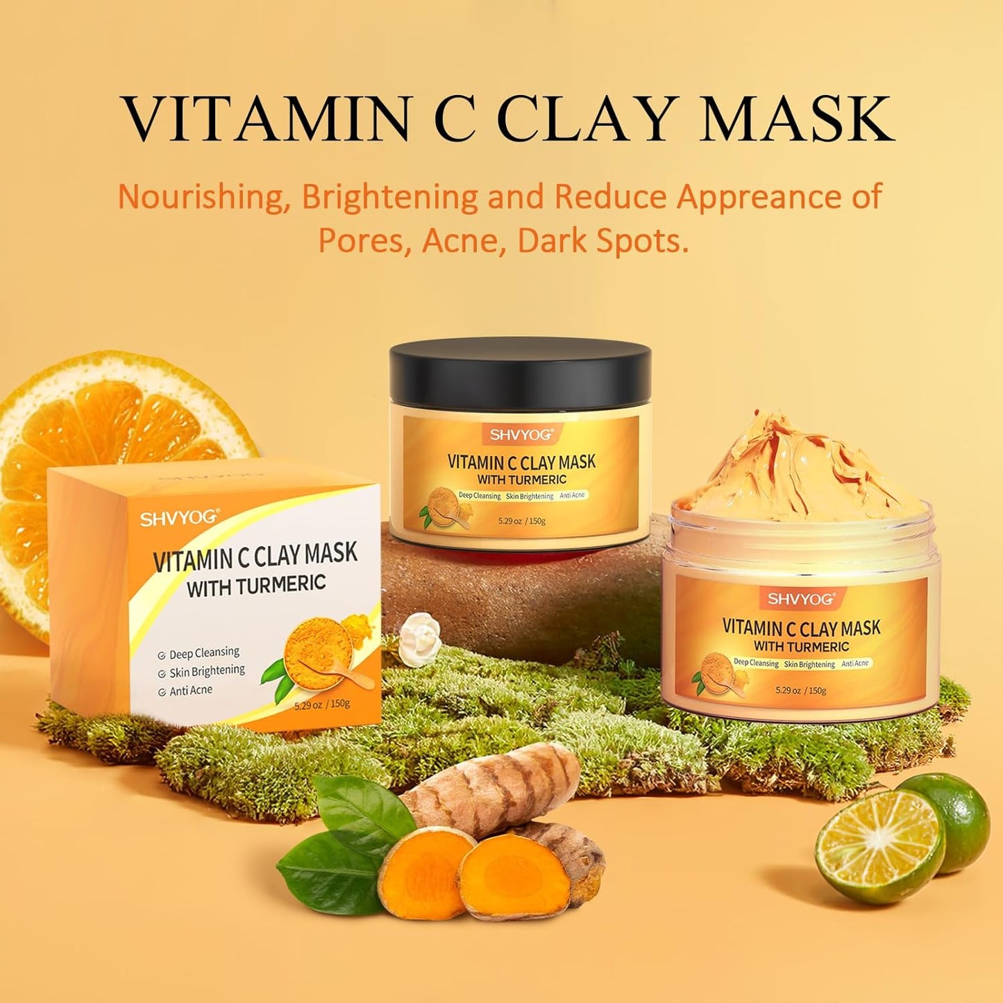 Zermet 1 Vitamin C Face Mask with Kaolin Clay and Turmeric for Dark Spots, Dull Skin, Skincare Facial Mask for Controlling Oil and Refining Pores 5.29 Oz