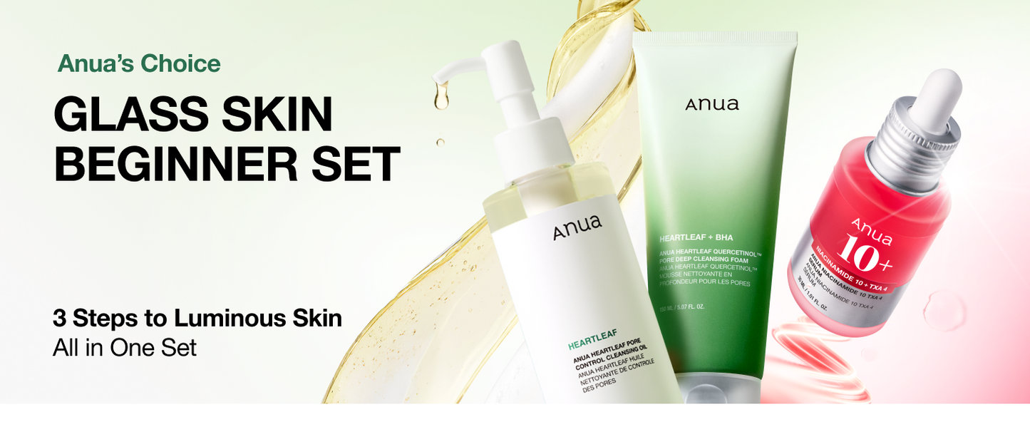 Zermet 1 Anua 3-Step Glass Skin Beginner Set, Double Cleansing with Facial Serum, Oil Cleanser & Face Wash with Heartleaf, Daily Routine with Niacinamide, Korean Skincare Set