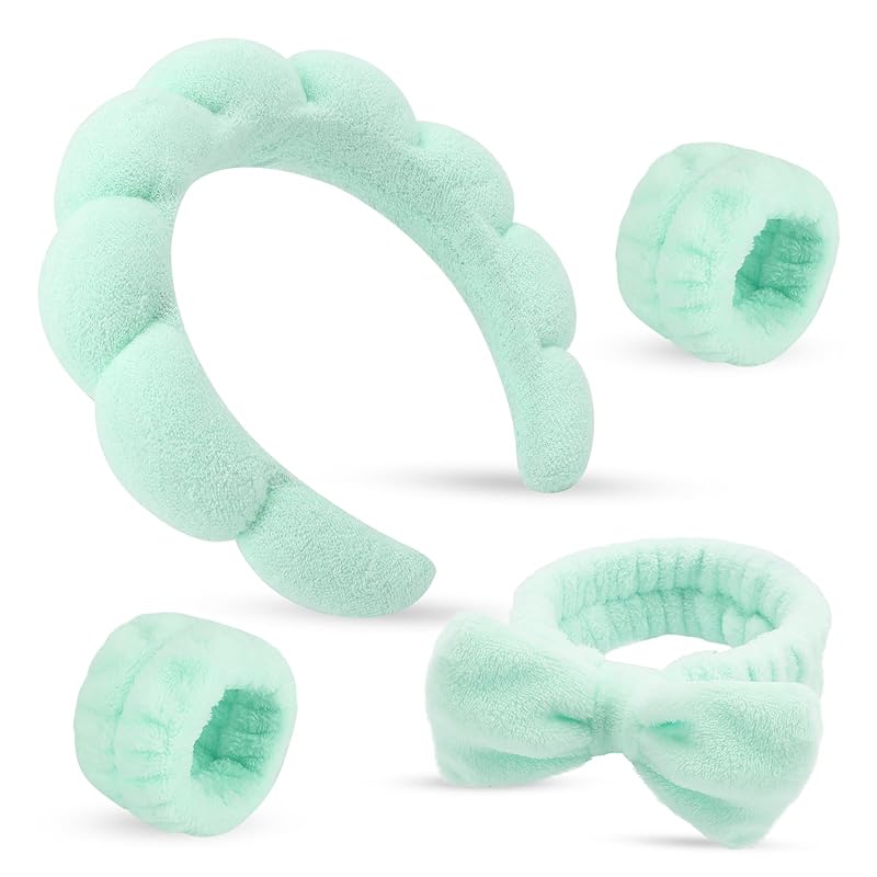 Zermet 1 Puffy Spa Headband & Skincare Headbands for Women Makeup,Terry Cloth Towel Head Band for Skin Care,Sponge Make Up Hair Band for Girls,Face Wash Wristband Scrunchies Set 4 Pcs