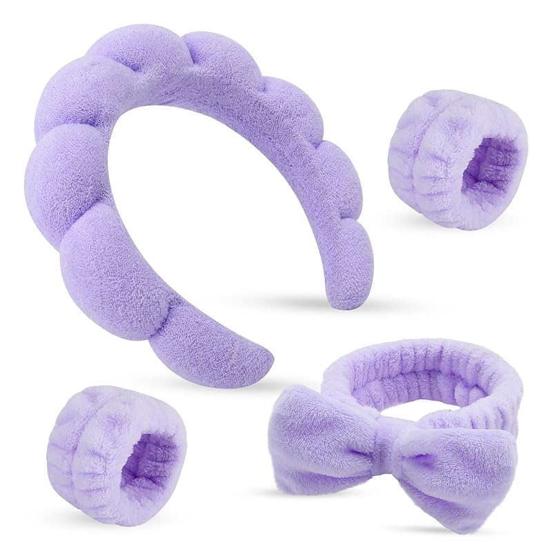Zermet 1 Puffy Spa Headband & Skincare Headbands for Women Makeup,Terry Cloth Towel Head Band for Skin Care,Sponge Make Up Hair Band for Girls,Face Wash Wristband Scrunchies Set 4 Pcs