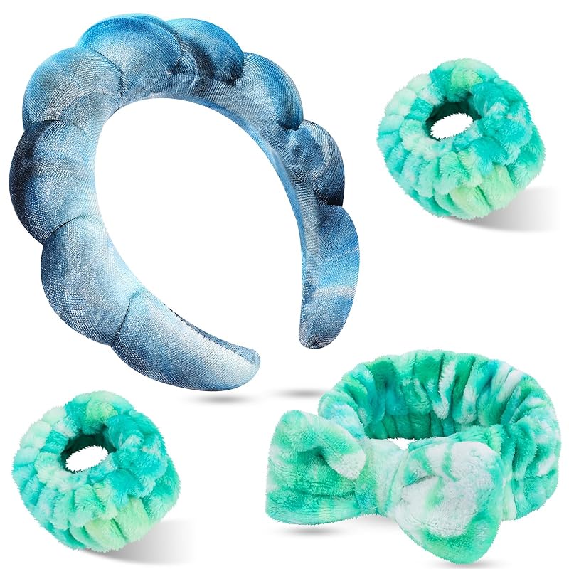 Zermet 1 Puffy Spa Headband & Skincare Headbands for Women Makeup,Terry Cloth Towel Head Band for Skin Care,Sponge Make Up Hair Band for Girls,Face Wash Wristband Scrunchies Set 4 Pcs