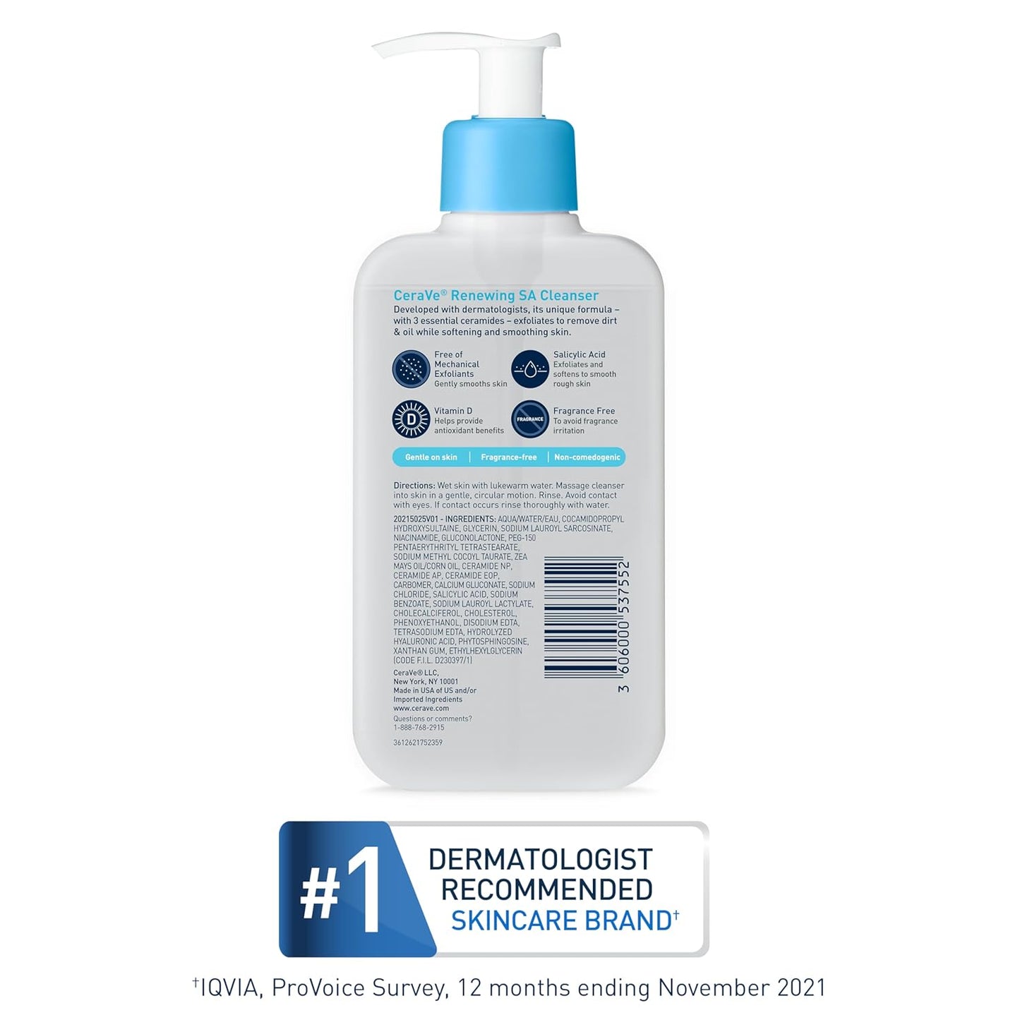 Zermet 1 CeraVe Renewing Salicylic Acid Cleanser, Formulated With Hyaluronic Acid, Niacinamide, & Ceramides, Gentle BHA Exfoliating Face Wash Smooths & Softens Skin, Non Comedogenic & Fragrance Free, 16 Ounce