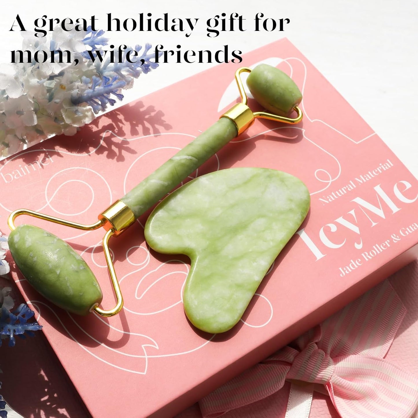 Zermet 1 BAIMEI IcyMe Gua Sha & Jade Roller Facial Tools Face Roller and Gua Sha Set for Puffiness and Redness Reducing Skin Care Routine, Self Care Gift for Men Women - Green