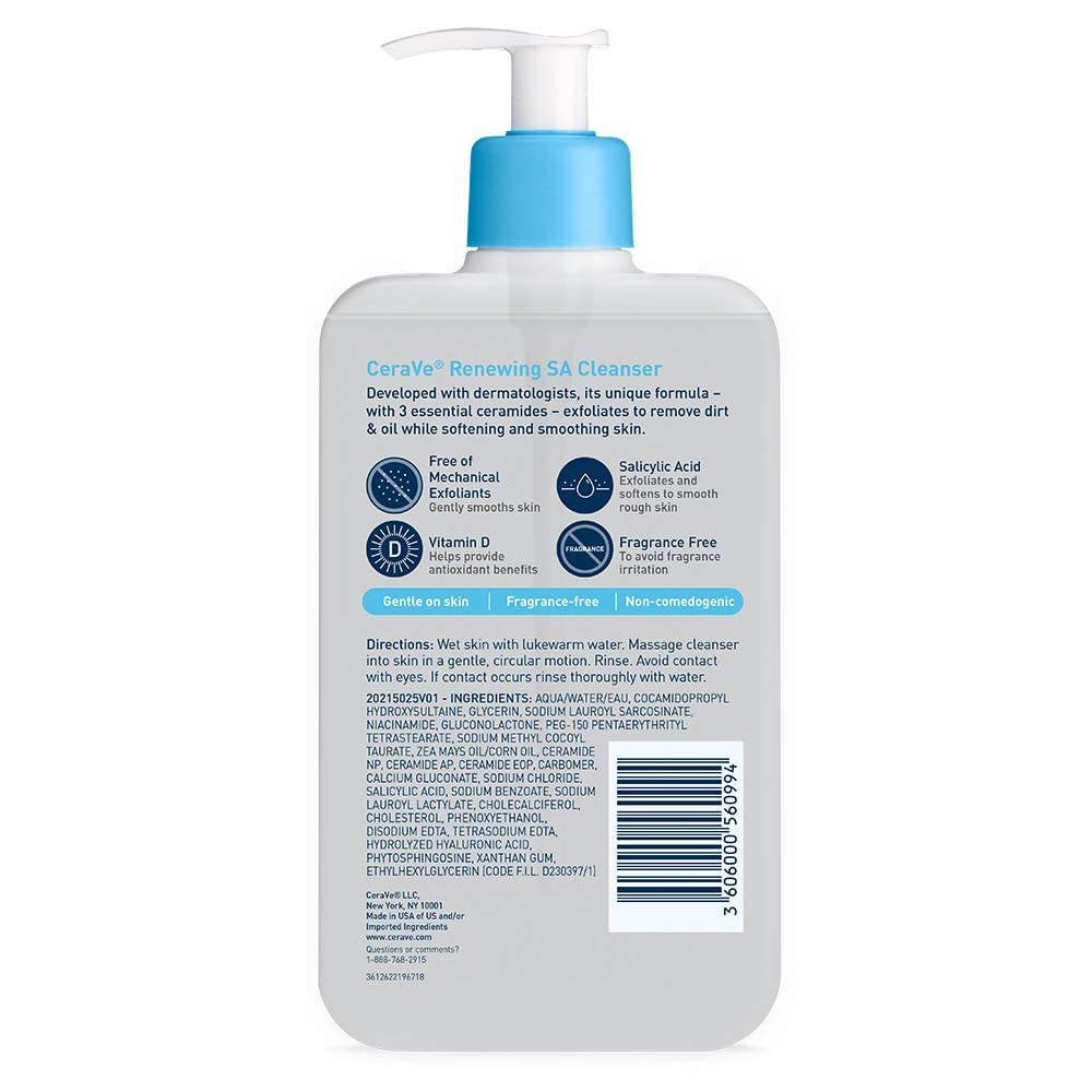 Zermet 1 CeraVe Renewing Salicylic Acid Cleanser, Formulated With Hyaluronic Acid, Niacinamide, & Ceramides, Gentle BHA Exfoliating Face Wash Smooths & Softens Skin, Non Comedogenic & Fragrance Free, 16 Ounce