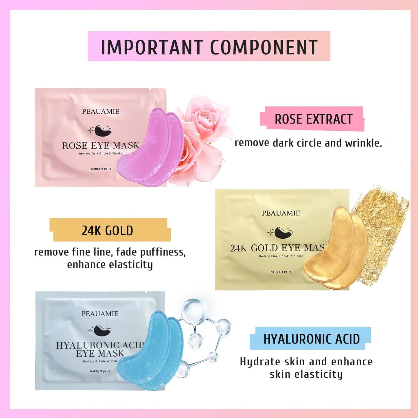 Zermet 1 Under Eye Patches Gold and Hyaluronic Acid for puffy eyes,Rose Eye Masks for Dark Circles and Puffiness skin care Smooth Wrinkles products 30 Pairs