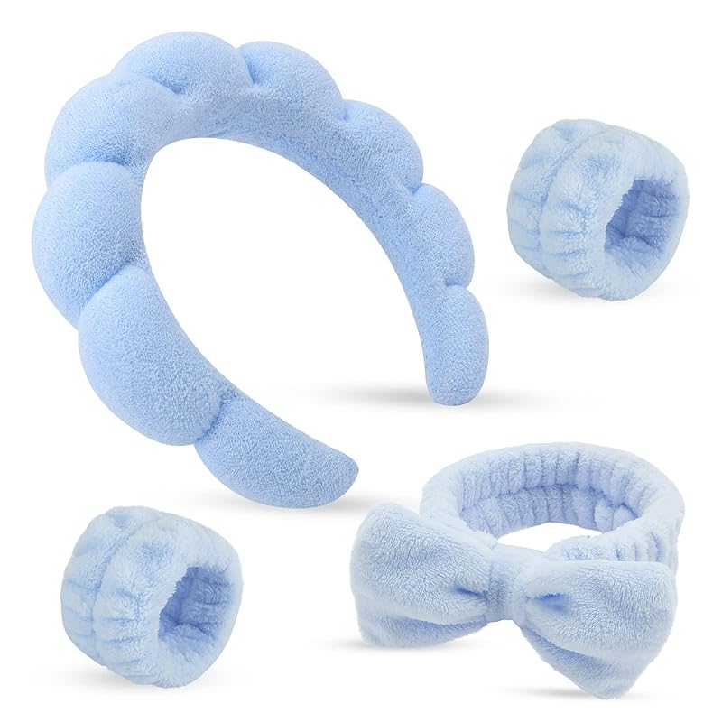 Zermet 1 Puffy Spa Headband & Skincare Headbands for Women Makeup,Terry Cloth Towel Head Band for Skin Care,Sponge Make Up Hair Band for Girls,Face Wash Wristband Scrunchies Set 4 Pcs