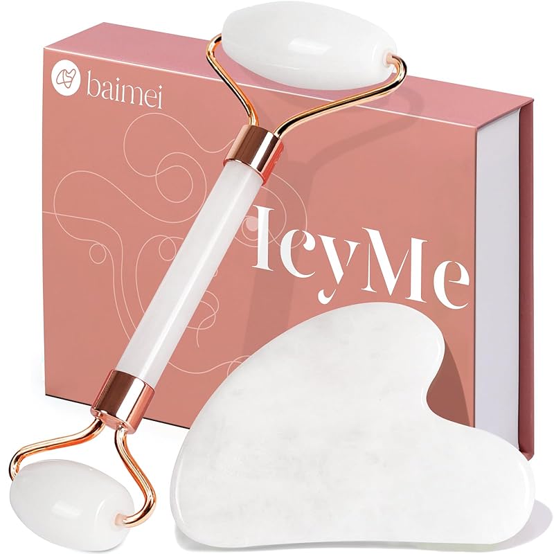Zermet 1 BAIMEI IcyMe Gua Sha & Jade Roller Facial Tools Face Roller and Gua Sha Set for Puffiness and Redness Reducing Skin Care Routine, Self Care Gift for Men Women - Green