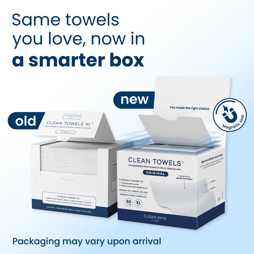 Zermet 1 Clean Skin Club Clean Towels XL™, 100% USDA Biobased Face Towel, Disposable Face Towelette, Eczema Association Accepted, Makeup Remover Dry Wipes, Ultra Soft, 50 Ct, 1 Pack