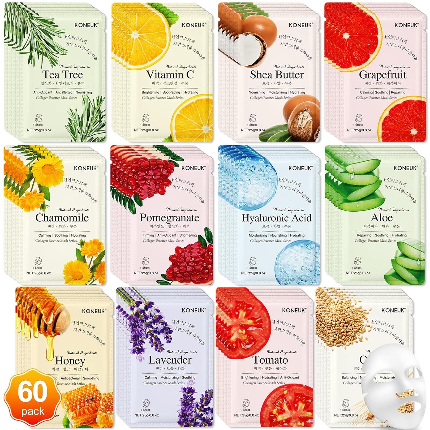 Zermet 1 60 Pack Collagen Essence Face Masks Skincare for Women, Hydrating Sheet Face Masks Suitable for Dry and Sensitive Skin, Bulk Facial Masks for Women Skin Care, Face Mask Gifts Set for Spa Party