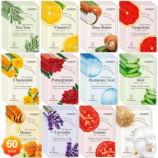Zermet 1 60 Pack Collagen Essence Face Masks Skincare for Women, Hydrating Sheet Face Masks Suitable for Dry and Sensitive Skin, Bulk Facial Masks for Women Skin Care, Face Mask Gifts Set for Spa Party