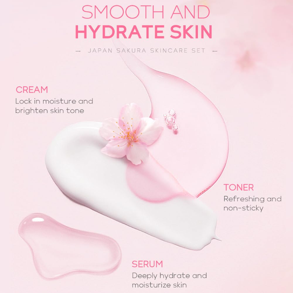 Zermet 1 Sakura Skincare Kit for Teenage Girls Women, 5Pcs Skin Care Travel Present Set with Cleanser, Toner, Serum, Eye Cream, Face Cream