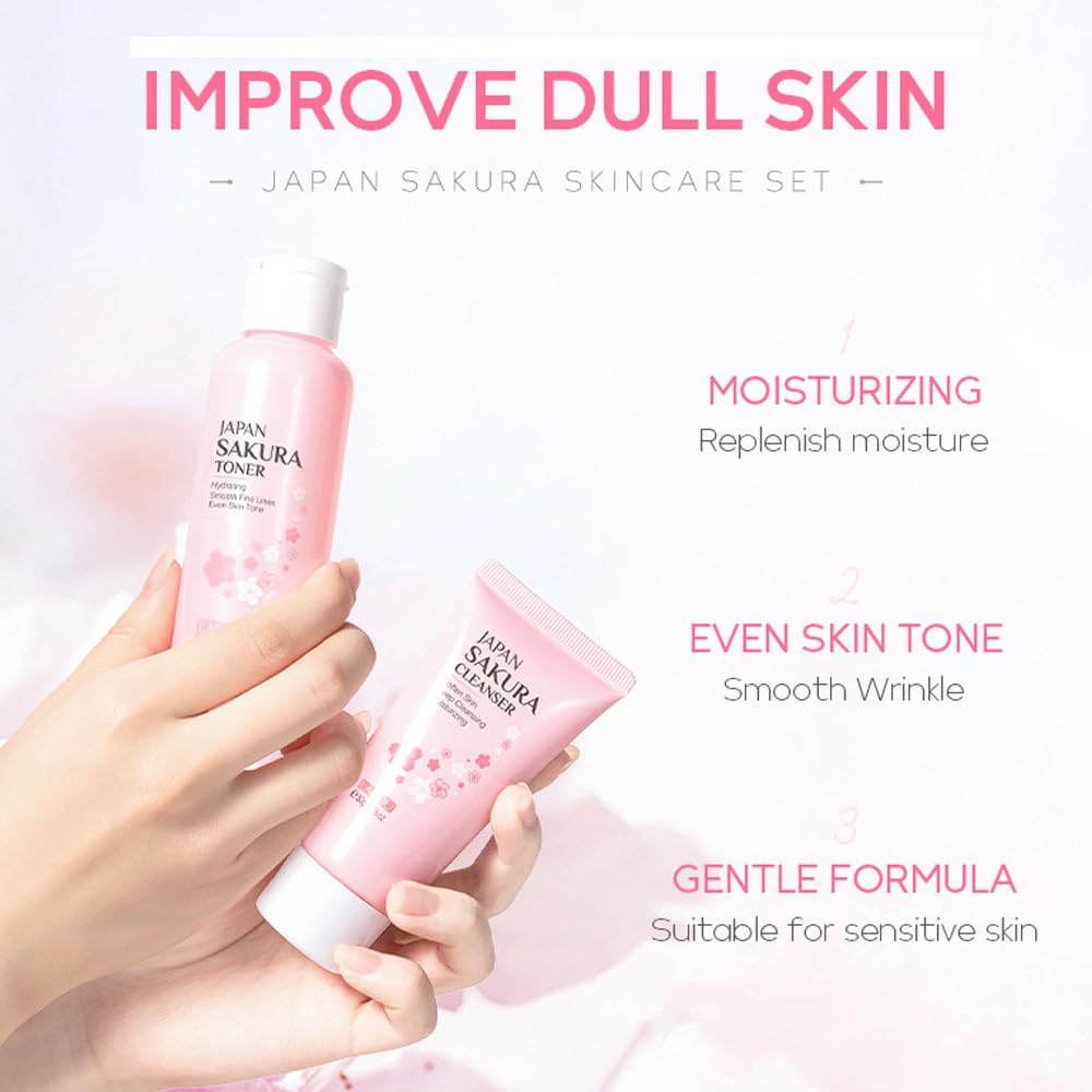 Zermet 1 Sakura Skincare Kit for Teenage Girls Women, 5Pcs Skin Care Travel Present Set with Cleanser, Toner, Serum, Eye Cream, Face Cream