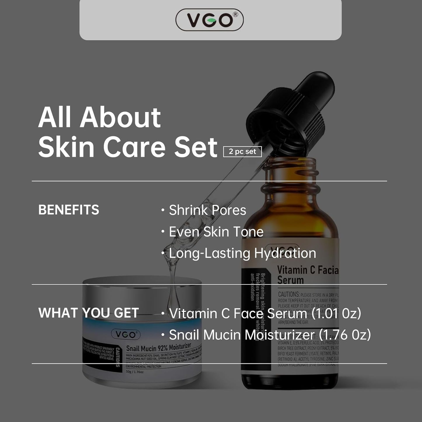 Zermet 1 Zermet 1  Skin Care Set, with Snail Mucin 92% Moisturizer 1.76 Oz & Vitamin C Face Serum 1.01 Oz, Daily Hydrating & Firming Skincare Routine Kit for All Skin Type