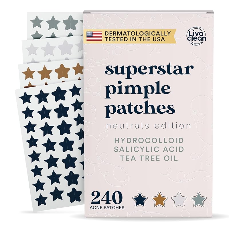 Zermet 1 LivaClean Star Pimple Patches for Face w/Hydrocolloid, Salicylic Acid & Tea Tree, 240 Patches, Hydrocolloid Acne Patch, Cute Star Pimple Patch for Healing Stickers Zit Superstar