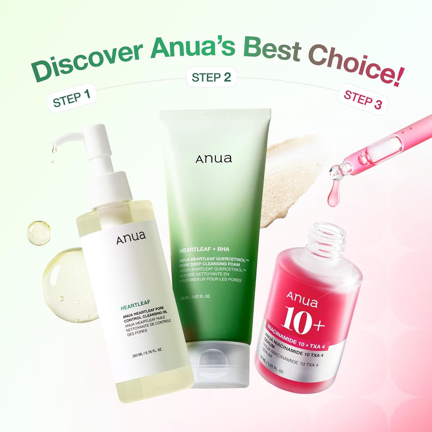 Zermet 1 Anua 3-Step Glass Skin Beginner Set, Double Cleansing with Facial Serum, Oil Cleanser & Face Wash with Heartleaf, Daily Routine with Niacinamide, Korean Skincare Set