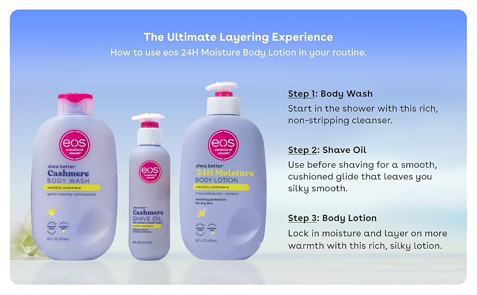 Zermet 1 eos Shea Better Body Lotion Vanilla Cashmere, 24-Hour Moisture Skin Care, Lightweight & Non-Greasy, Natural Shea, Vegan, Vanilla Body Lotion, 16 fl oz