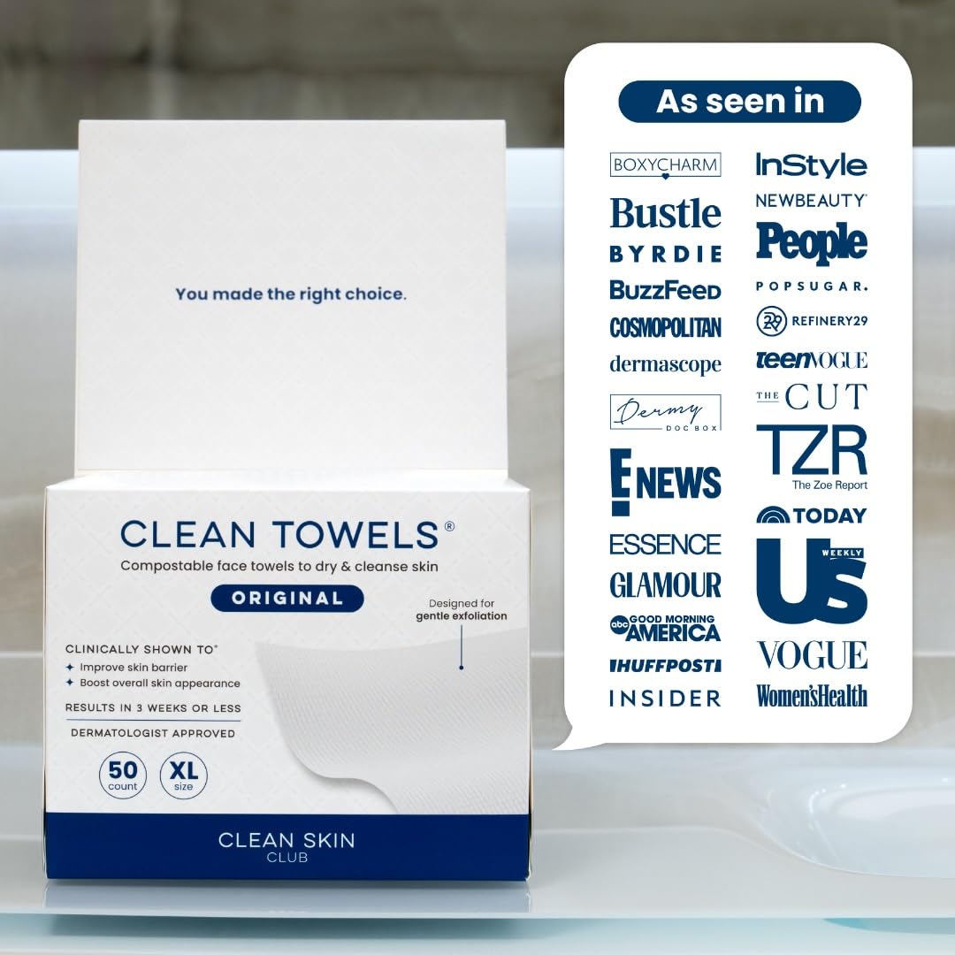 Zermet 1 Clean Skin Club Clean Towels XL™, 100% USDA Biobased Face Towel, Disposable Face Towelette, Eczema Association Accepted, Makeup Remover Dry Wipes, Ultra Soft, 50 Ct, 1 Pack