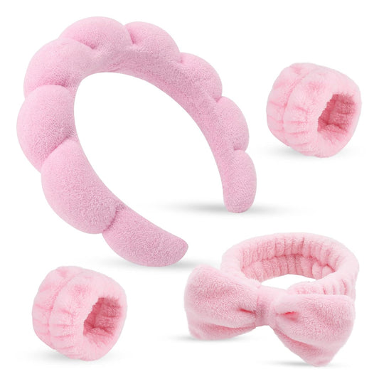 Zermet 1 Puffy Spa Headband & Skincare Headbands for Women Makeup,Terry Cloth Towel Head Band for Skin Care,Sponge Make Up Hair Band for Girls,Face Wash Wristband Scrunchies Set 4 Pcs