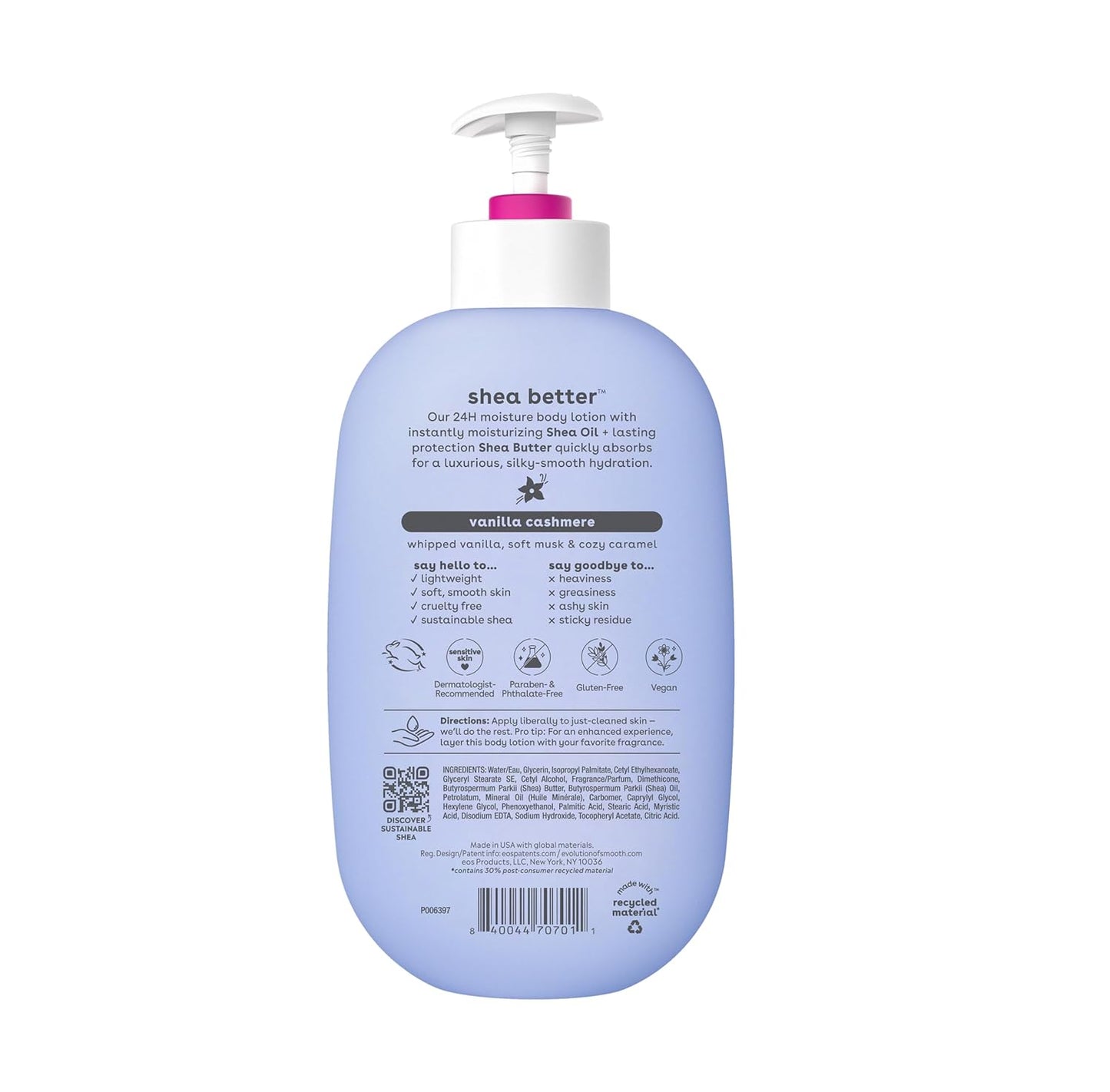 Zermet 1 eos Shea Better Body Lotion Vanilla Cashmere, 24-Hour Moisture Skin Care, Lightweight & Non-Greasy, Natural Shea, Vegan, Vanilla Body Lotion, 16 fl oz