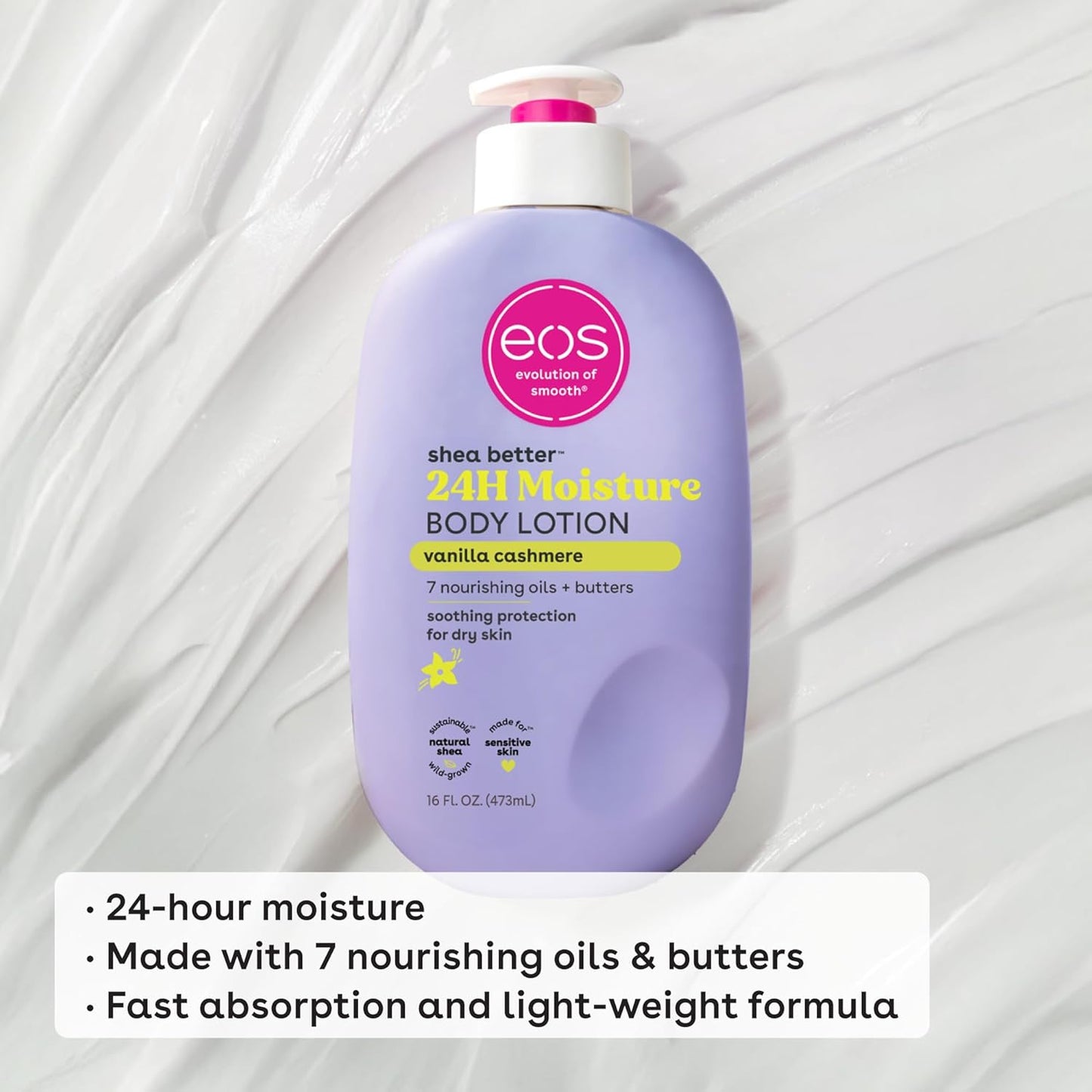 Zermet 1 eos Shea Better Body Lotion Vanilla Cashmere, 24-Hour Moisture Skin Care, Lightweight & Non-Greasy, Natural Shea, Vegan, Vanilla Body Lotion, 16 fl oz