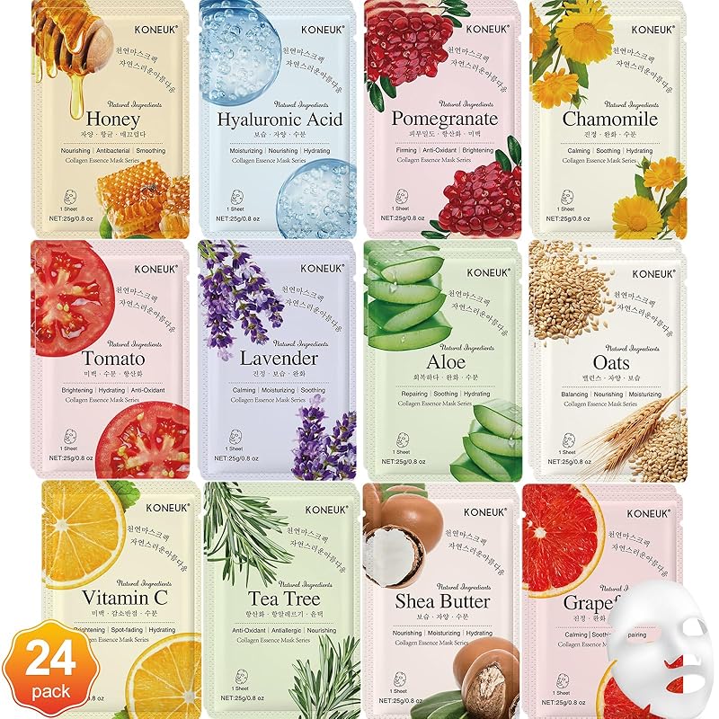 Zermet 1 60 Pack Collagen Essence Face Masks Skincare for Women, Hydrating Sheet Face Masks Suitable for Dry and Sensitive Skin, Bulk Facial Masks for Women Skin Care, Face Mask Gifts Set for Spa Party