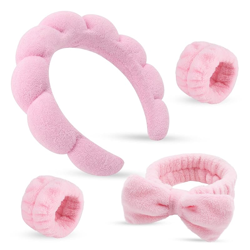 Zermet 1 Puffy Spa Headband & Skincare Headbands for Women Makeup,Terry Cloth Towel Head Band for Skin Care,Sponge Make Up Hair Band for Girls,Face Wash Wristband Scrunchies Set 4 Pcs