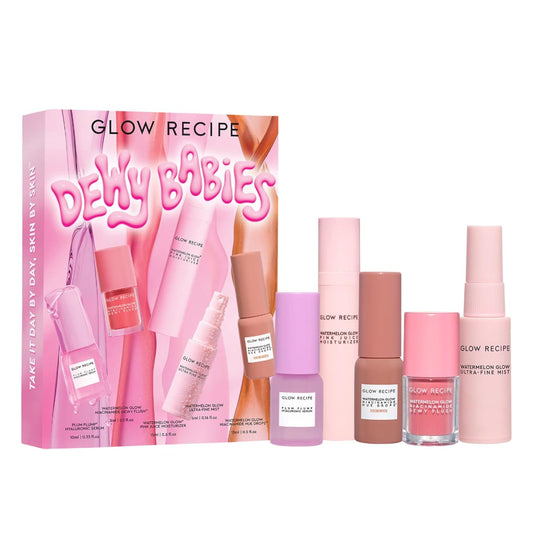 Zermet 1 Glow Recipe Dewy Babies Travel Skincare Set - Plum Plump Hyaluronic Acid Serum + Dewy Flush Tinted Blush Drops + Pink Juice Face Moisturizer + Bronzing Hue Drops + Ultra Fine Facial Mist (5 Count)