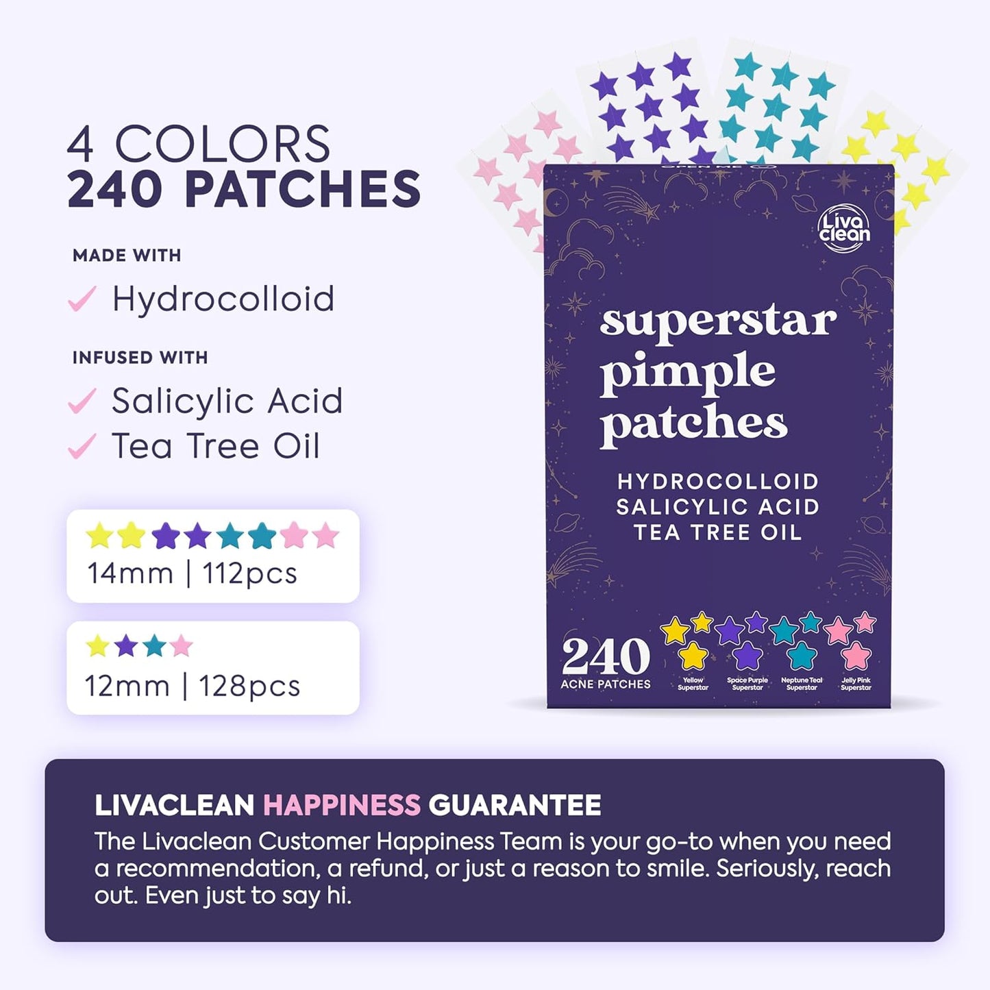 Zermet 1 LivaClean Star Pimple Patches for Face w/Hydrocolloid, Salicylic Acid & Tea Tree, 240 Patches, Hydrocolloid Acne Patch, Cute Star Pimple Patch for Healing Stickers Zit Superstar