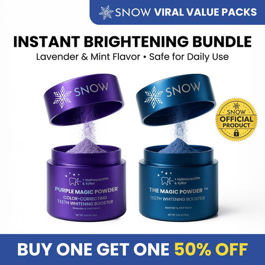 SNOW Teeth Whitening Magic Powder & Purple Powder Bundle - Buy One Get One 50% Off - Lavender & Mint Flavor - Dual Action Formula for Stain Removal & Color Correction - Safe for Daily Use -