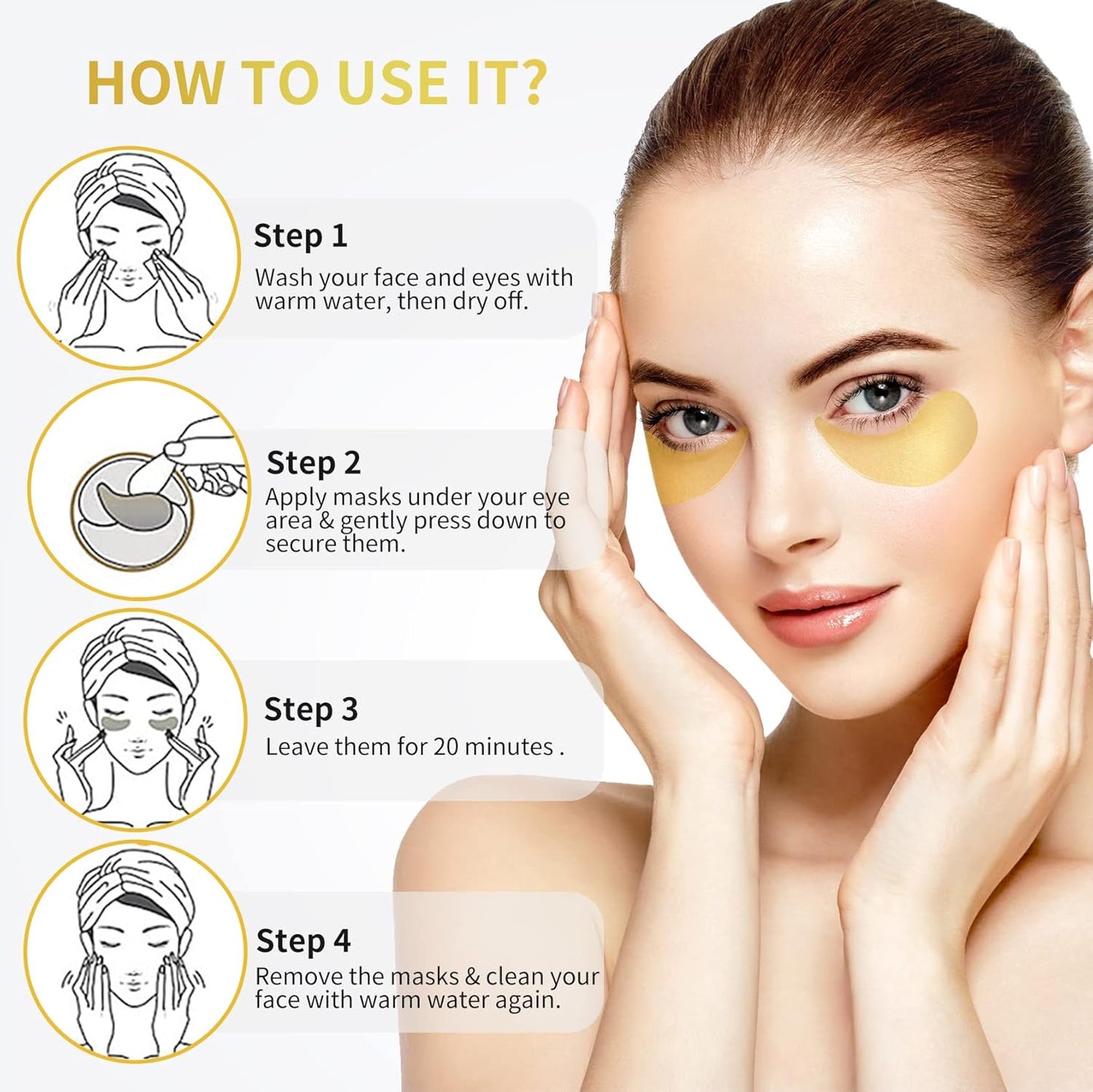Zermet 1 24K Gold Under Eye Patches - 60 Pack for Puffy Eyes, Dark Circles, Bags & Wrinkles with Collagen & Hyaluronic Acid