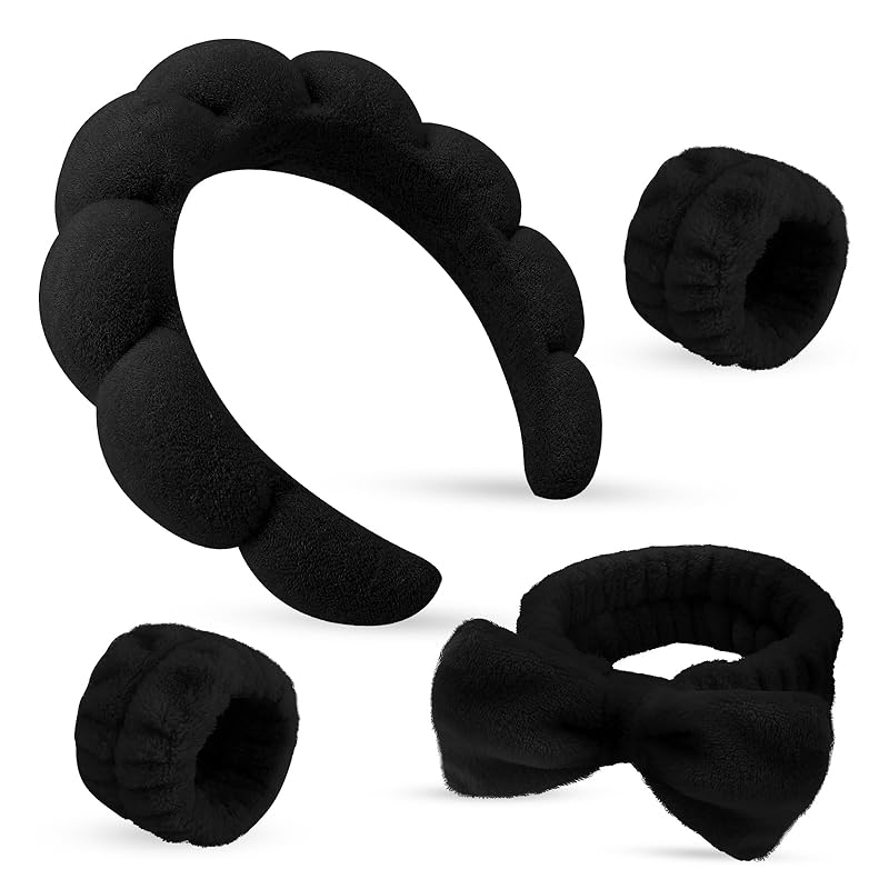 Zermet 1 Puffy Spa Headband & Skincare Headbands for Women Makeup,Terry Cloth Towel Head Band for Skin Care,Sponge Make Up Hair Band for Girls,Face Wash Wristband Scrunchies Set 4 Pcs