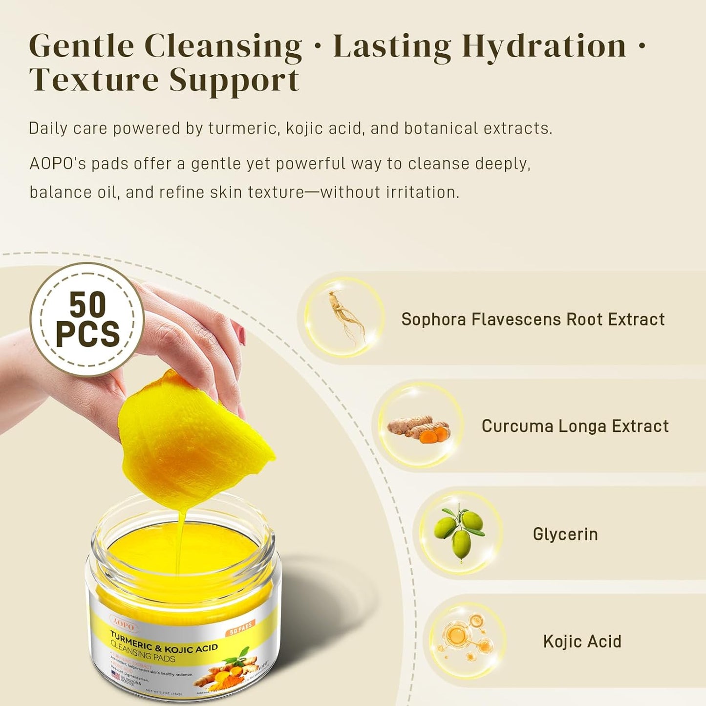 Zermet 1 Kojic Acid and Turmeric Cleansing Pads, 50 Pcs, for Face Cleansing and Exfoliation