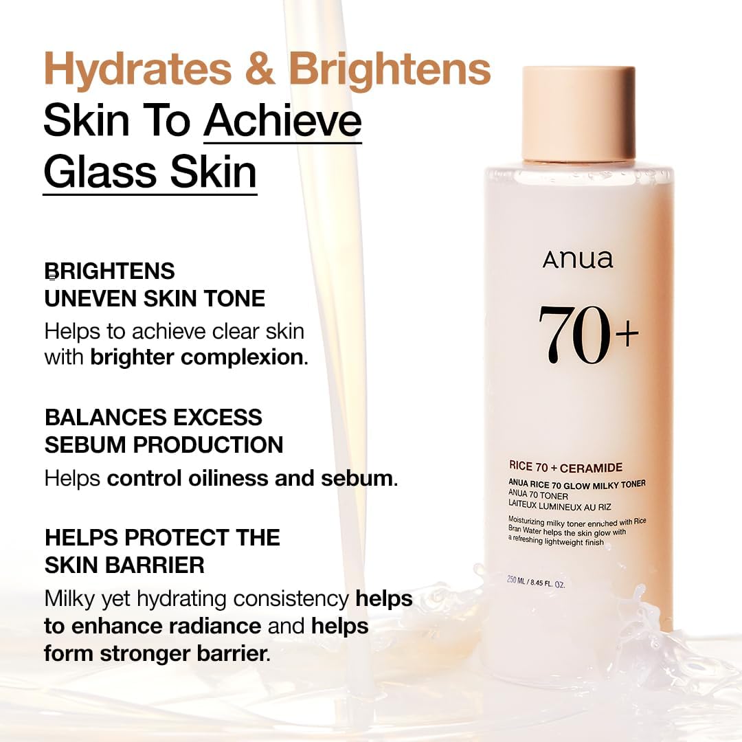 Zermet 1 Zermet 1 Rice 70 Glow Milky Toner, for Glass Skin, Rice Water, Niacinamide, Ceramides, Panthenol, Fragrance-Free, Non comedogenic, Fungal Acne Safe, Korean Skin Care, 250ml/8.45fl.oz.