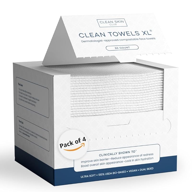 Zermet 1 Clean Skin Club Clean Towels XL™, 100% USDA Biobased Face Towel, Disposable Face Towelette, Eczema Association Accepted, Makeup Remover Dry Wipes, Ultra Soft, 50 Ct, 1 Pack