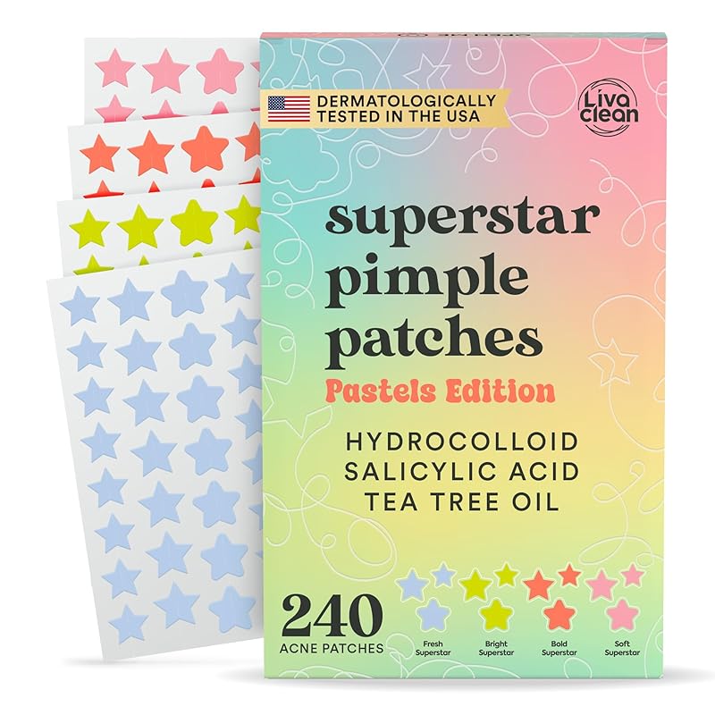 Zermet 1 LivaClean Star Pimple Patches for Face w/Hydrocolloid, Salicylic Acid & Tea Tree, 240 Patches, Hydrocolloid Acne Patch, Cute Star Pimple Patch for Healing Stickers Zit Superstar