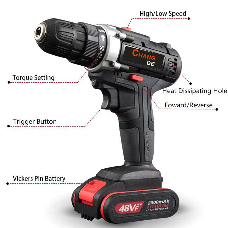 2000mAh Electric Drill 3/8" Impact Wrench Cordless Screwdriver Drill 2 Battery