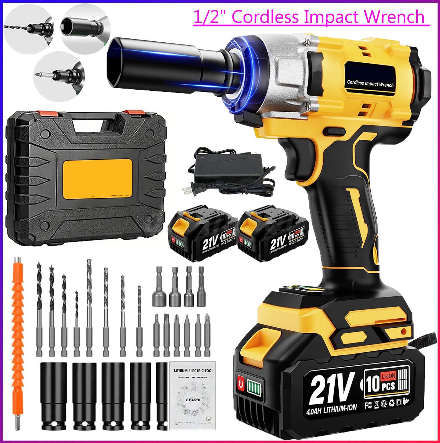 Cordless Electric Impact Wrench Gun 1/2'' High Power Driver w/ 2 Li-ion Battery